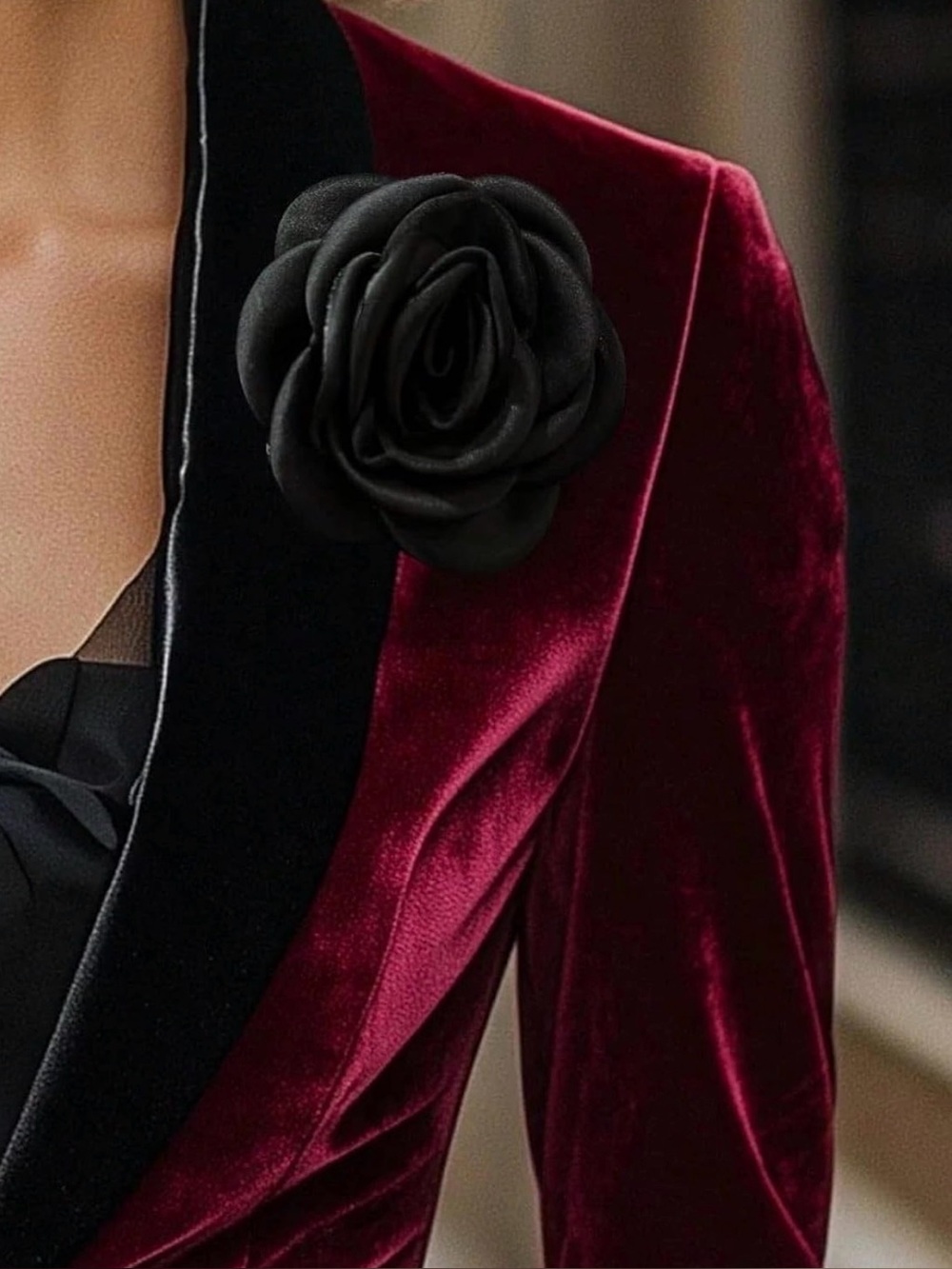 Women's Burgundy Velvet Single-Button Blazer with Black Satin Lapel - Picture 6 of 7